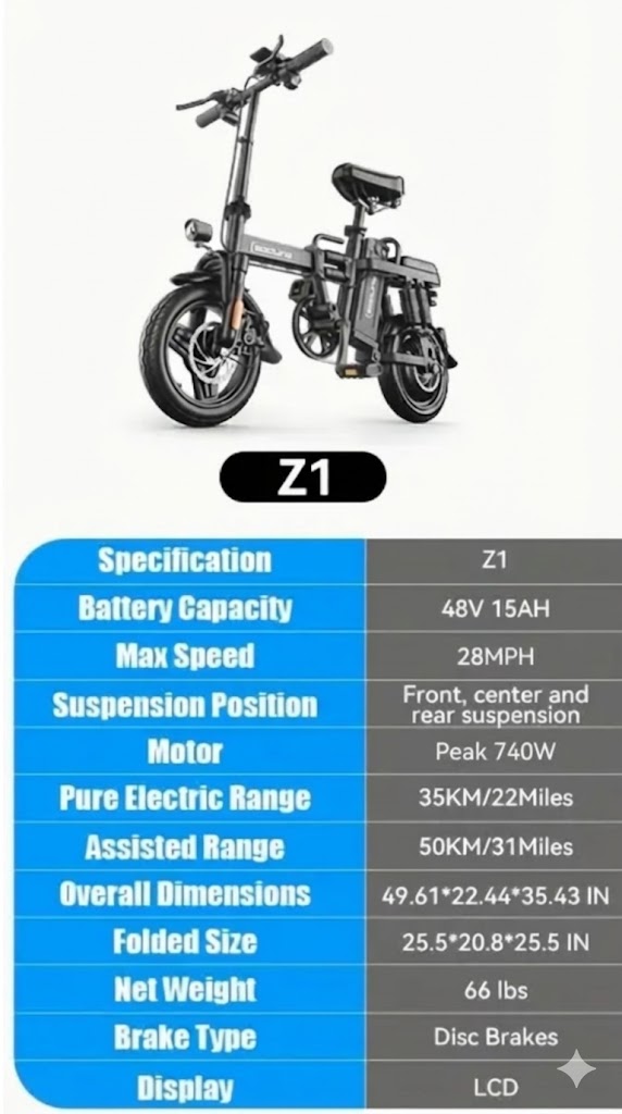 Z1 Folding E-Bike - 28 mph Top Speed - Remote Key Fob Alarm - Charging Cell Phone Holder
